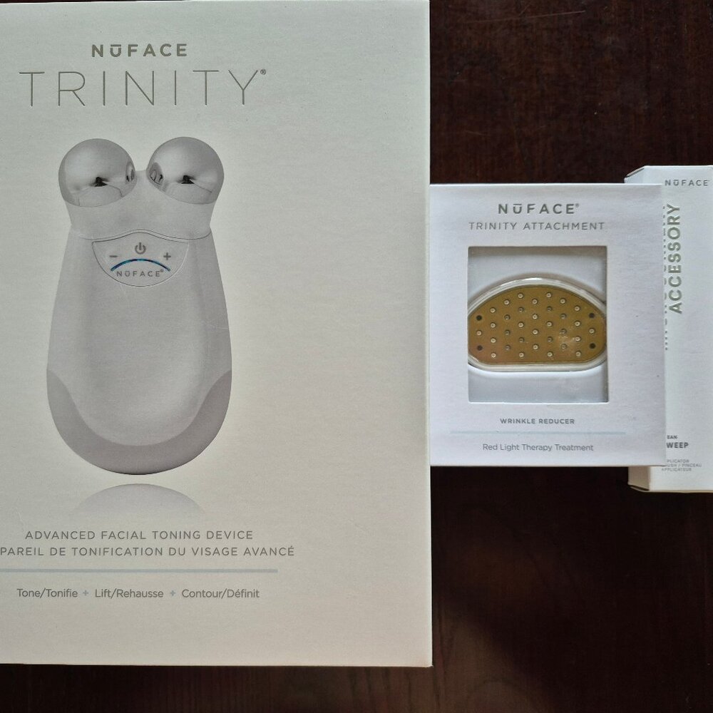 NuFACE Trinity Set w/ Wrinkle Reducer & Clean Sweep.   Never used, still sealed.
